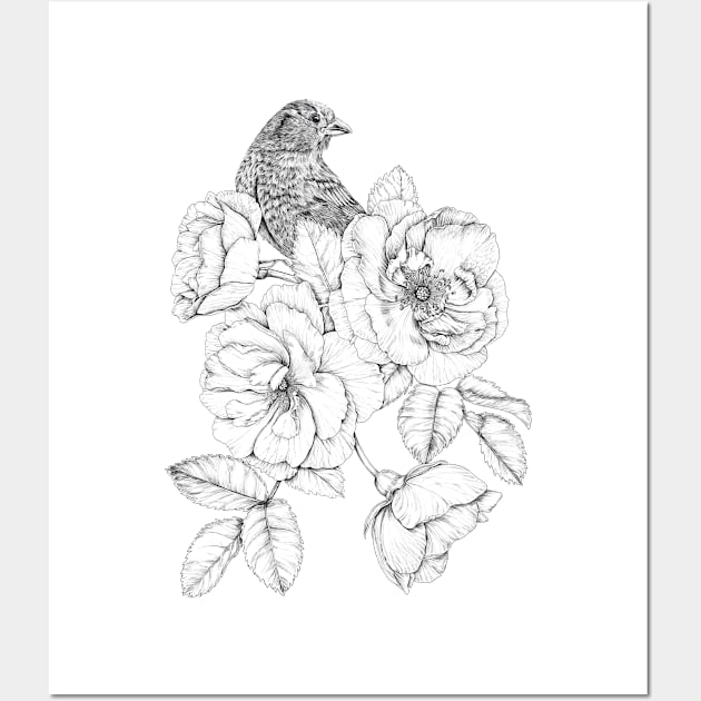 A bird among White Roses Wall Art by Anna H